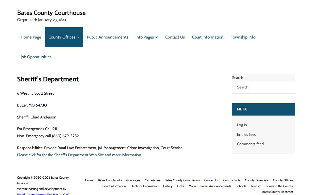 Bates County Sheriff and jail contact page for arrest and booking records