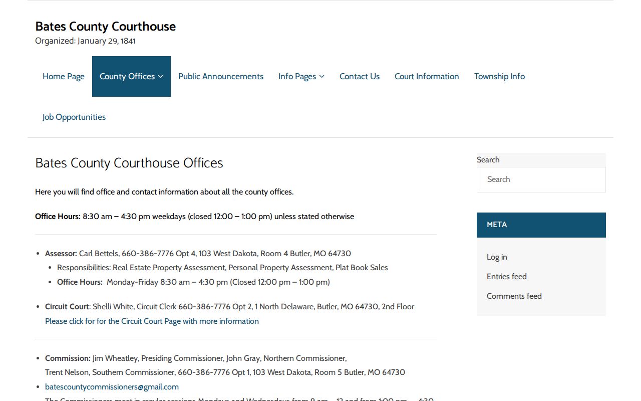 Bates County office directory with criminal record agency contacts