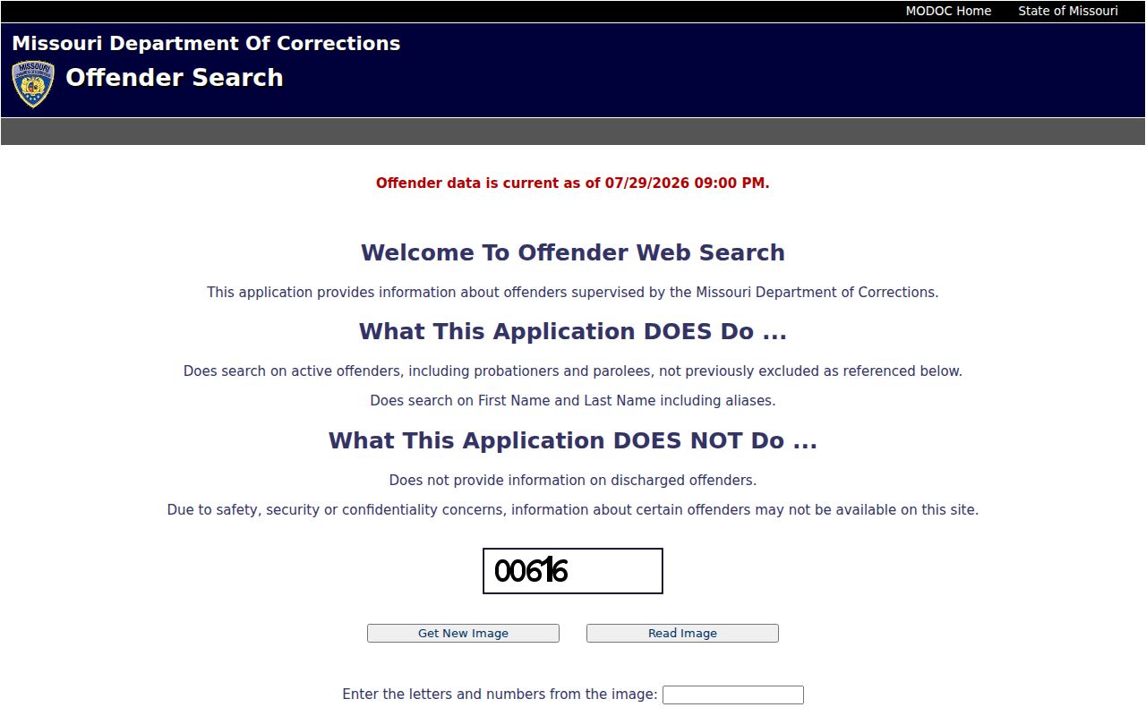 Missouri DOC Offender Search form for state custody and supervision records
