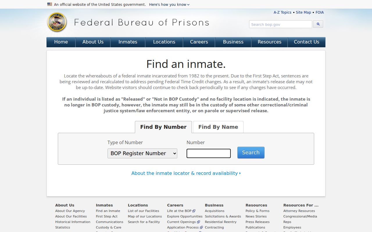 Federal Bureau of Prisons inmate locator for federal custody records
