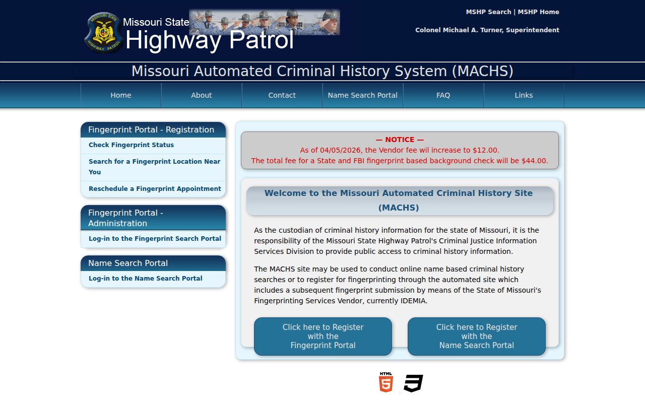 MACHS fingerprint registration page for Missouri criminal record checks