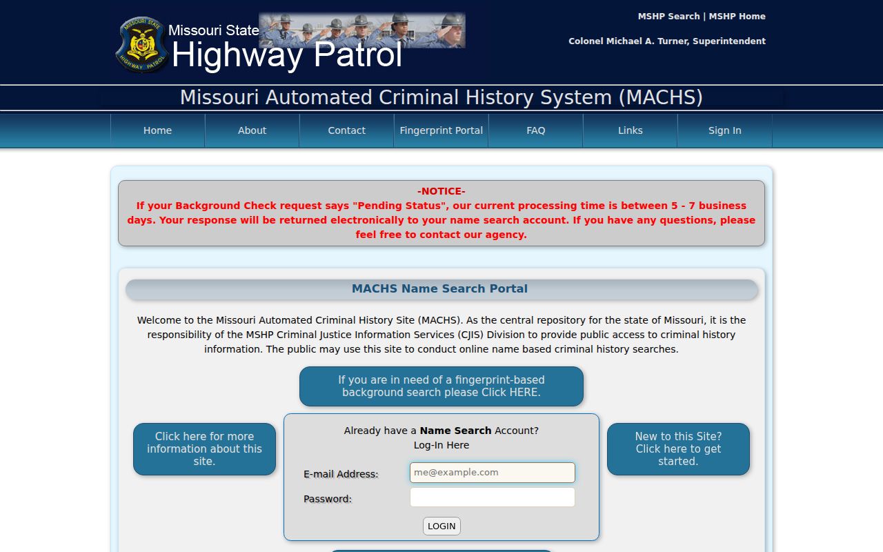 MACHS name search portal for official Missouri criminal history requests