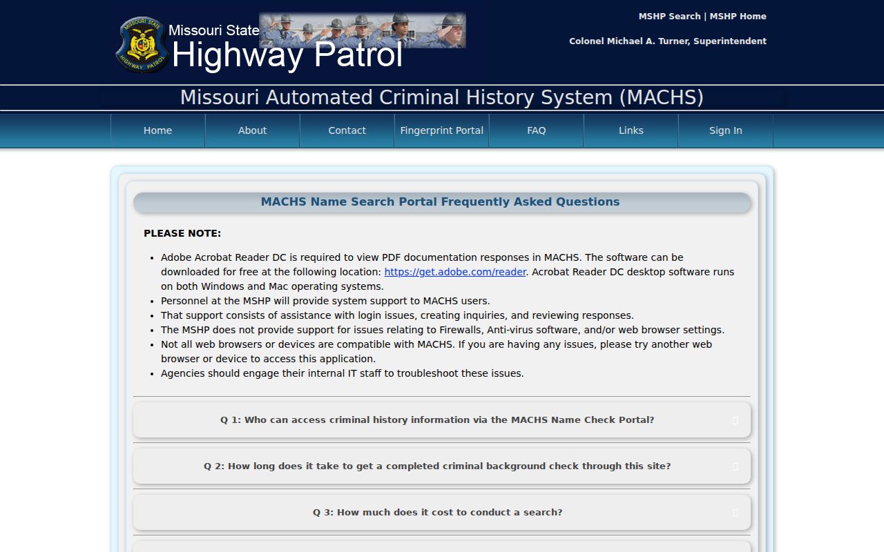 Official MACHS FAQ explaining Missouri open criminal history search results