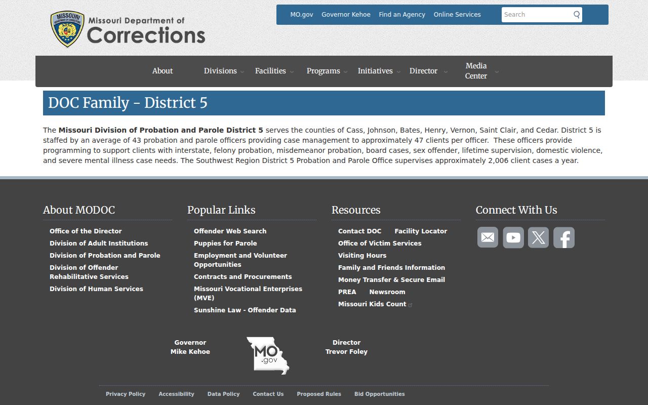 Missouri DOC District 5 profile serving Bates County probation and parole cases