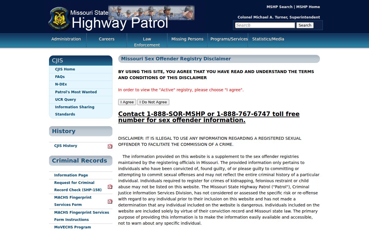 Missouri Sex Offender Registry disclaimer and lawful-use entry page