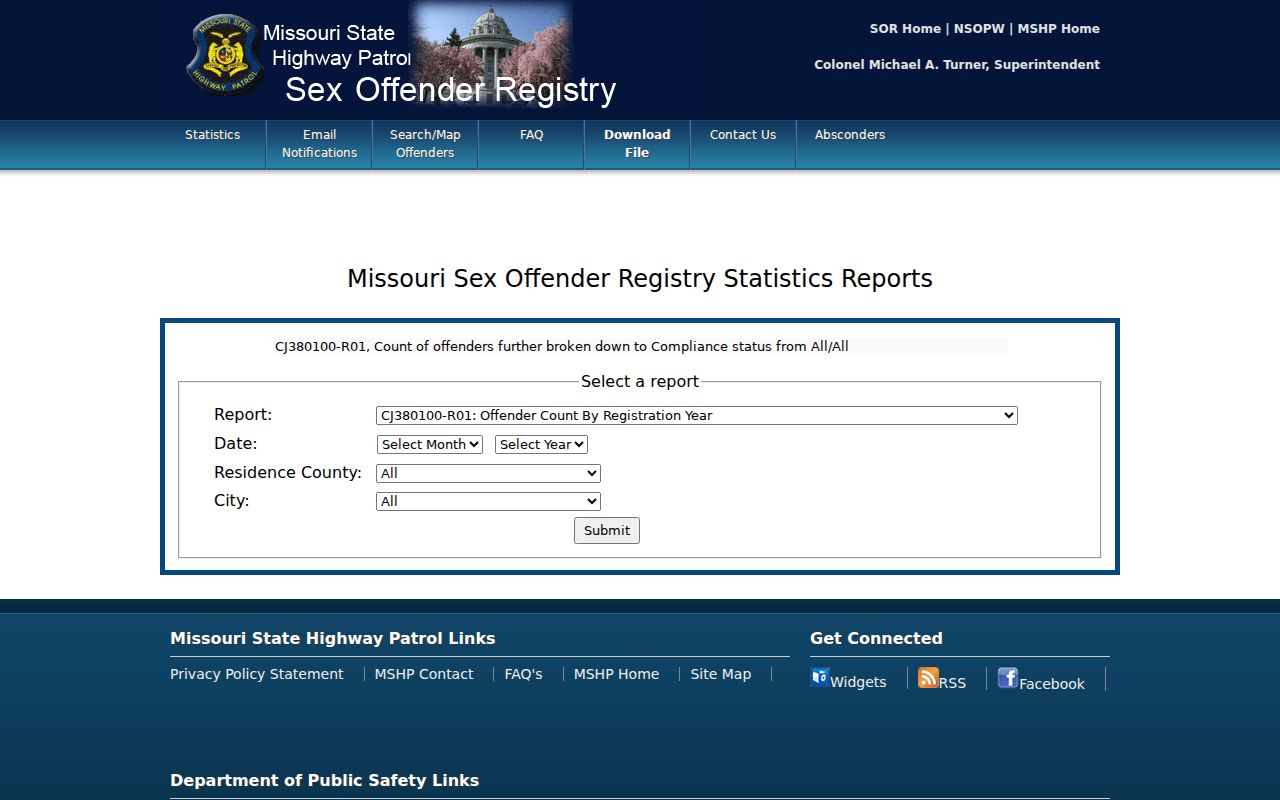 Missouri sex offender registry statistics report generator with county filters