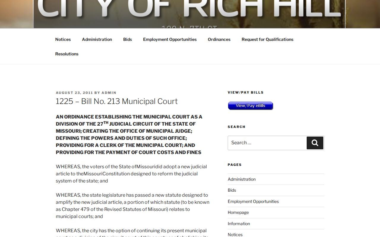 Official Rich Hill Ordinance 1225 establishing the municipal court division