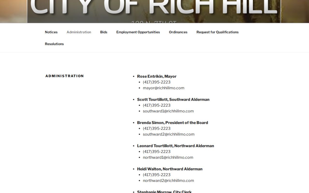 Rich Hill official administration page listing police leadership